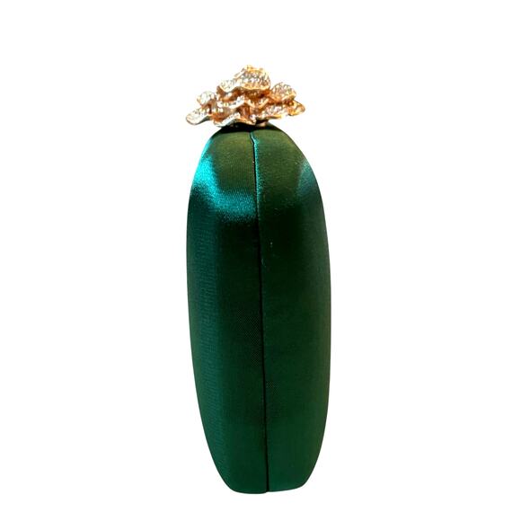 Natasha Crystal Green Satin Evening Clutch Gold Rhinestone Floral Detail New - Picture 10 of 16